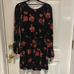 Floral Black and Red Long Sleeve Dress